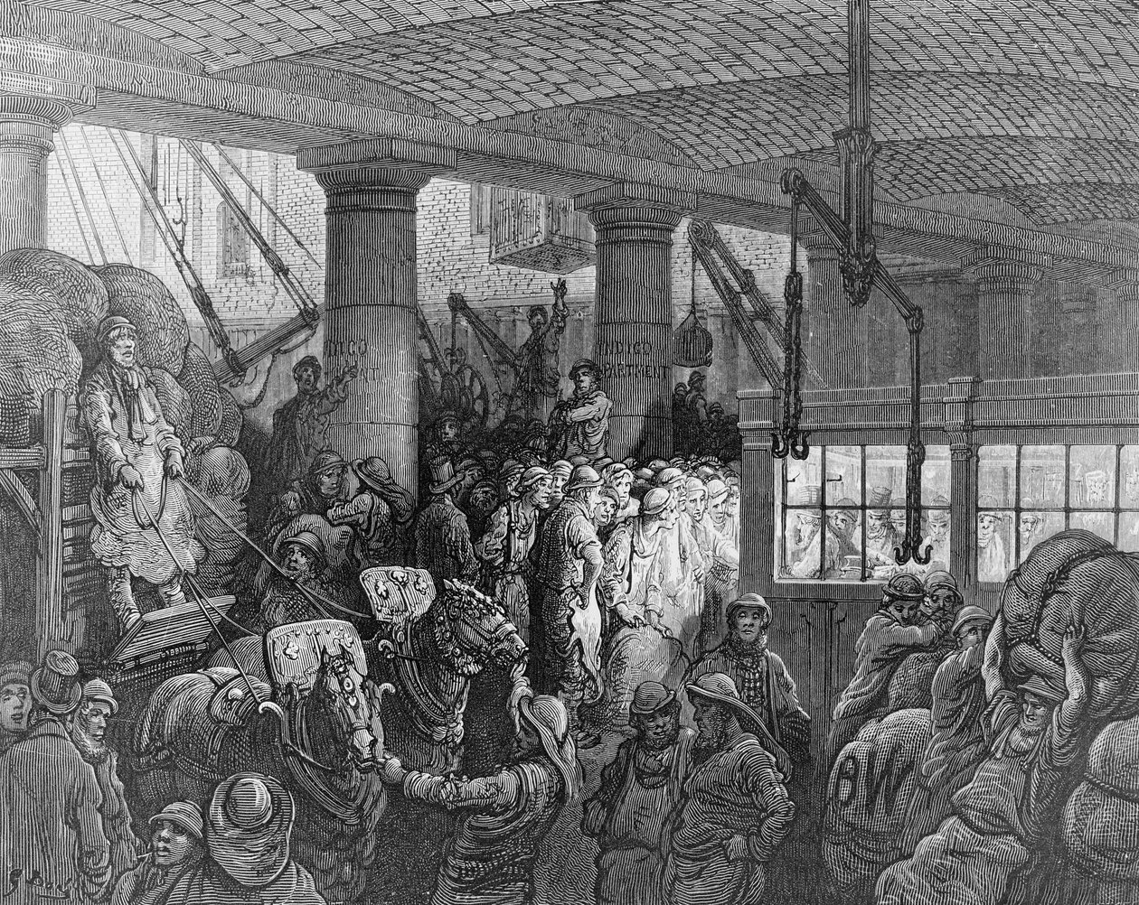 A Riverside Street, z „Londynu, pielgrzymka”, napisana przez Williama Blancharda Jerrolda (1826-84) i grawerowana przez Charlesa Laplante (zm. 1903) pub. 1872 autorstwa Gustave Dore