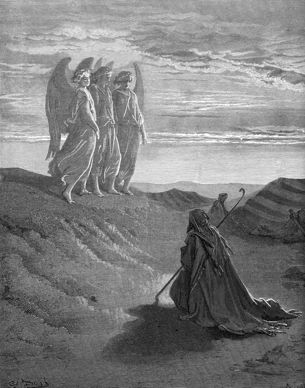 Abraham i trzej aniołowie, rycina Doré. - Biblia autorstwa Gustave Dore