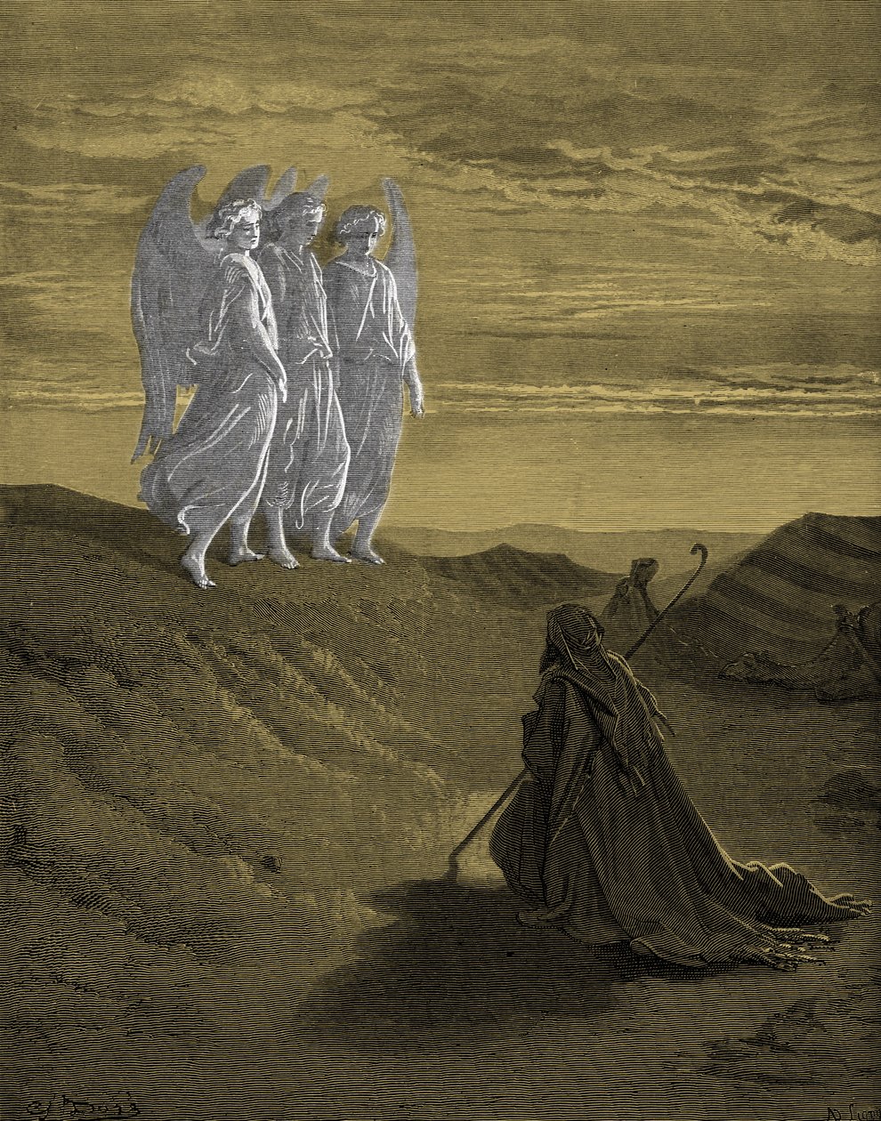 Abraham i trzej aniołowie, rycina Doré. - Biblia autorstwa Gustave Dore