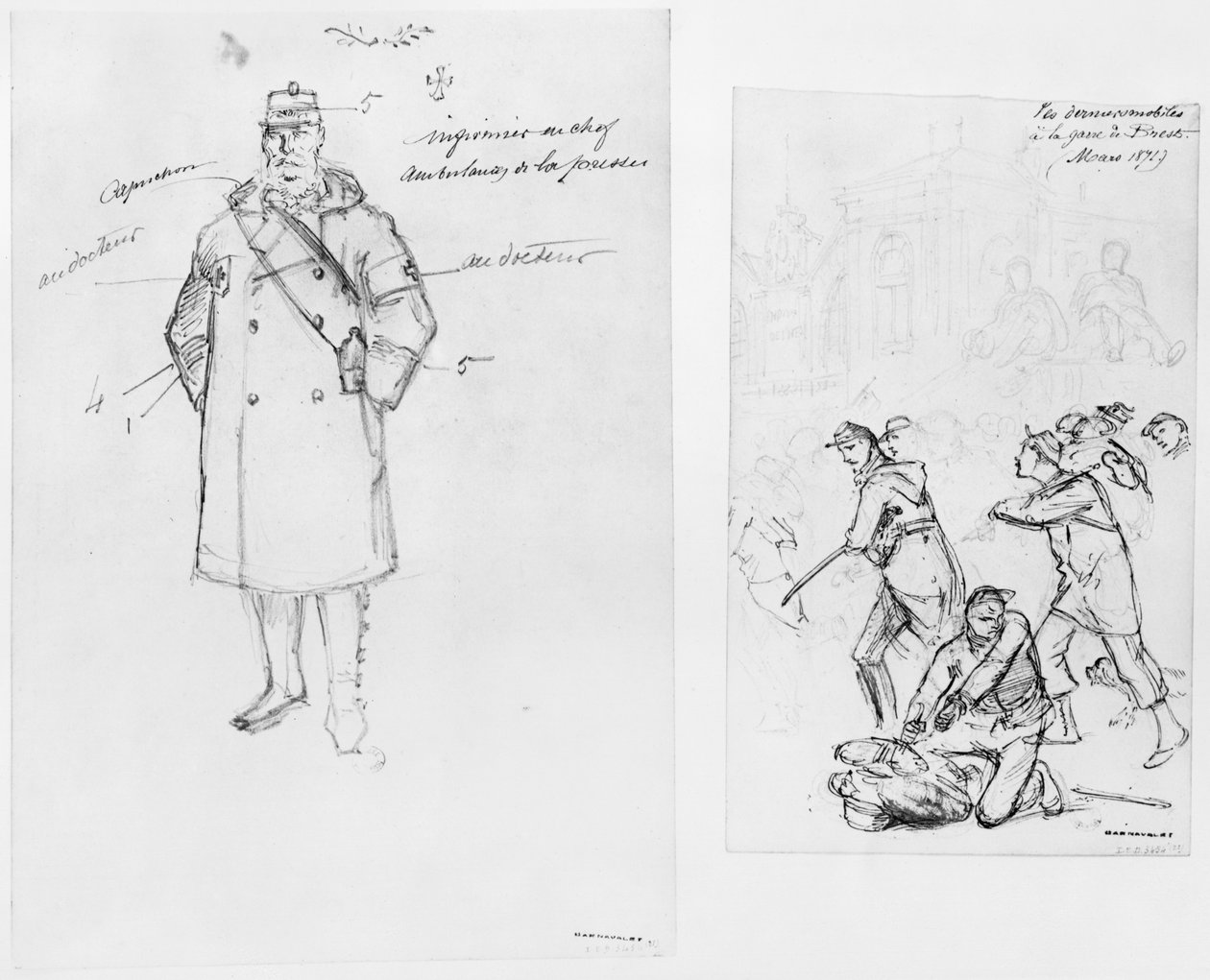 Album oblężenia Paryża, karetka pogotowia, ostatnie wojska na stacji w Brześciu, 1871 (pióro i brązowy tusz do mycia i ołówek na papierze) autorstwa Gustave Dore