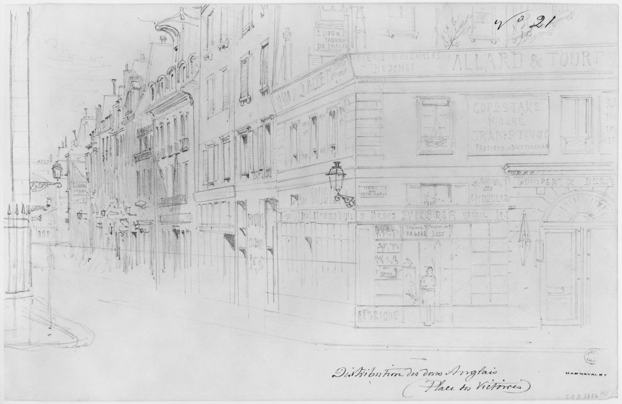 Album Oblężenia Paryża, Dystrybucja darowizn brytyjskich, place des Victoires (pióro und brązowy tusz i ołówek na papierze) autorstwa Gustave Dore