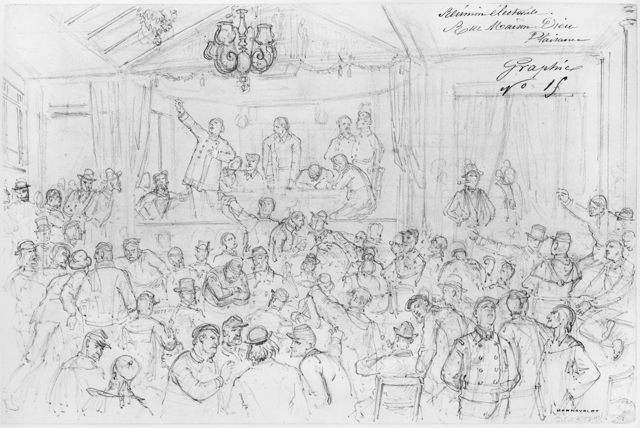 Album oblężenia Paryża, spotkanie wyborcze rue Maison Dieu, Plaisance (pióro i brązowy tusz do mycia i ołówek na papierze) autorstwa Gustave Dore