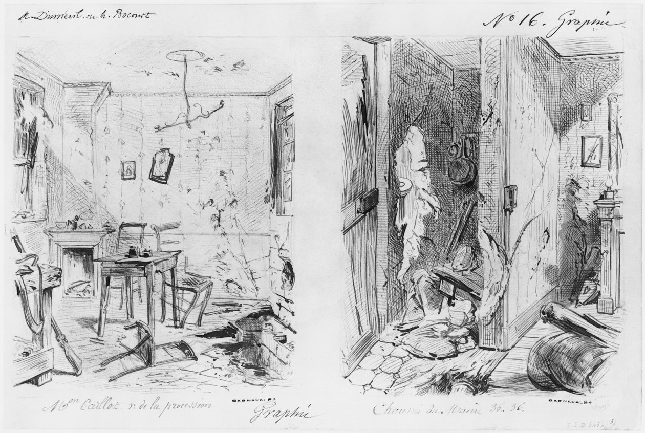 Album Oblężenia Paryża, Maison Caillot rue de la Procession, Chaussee du Maine (mycie długopisem i brązowym tuszem oraz ołówek na papierze) autorstwa Gustave Dore
