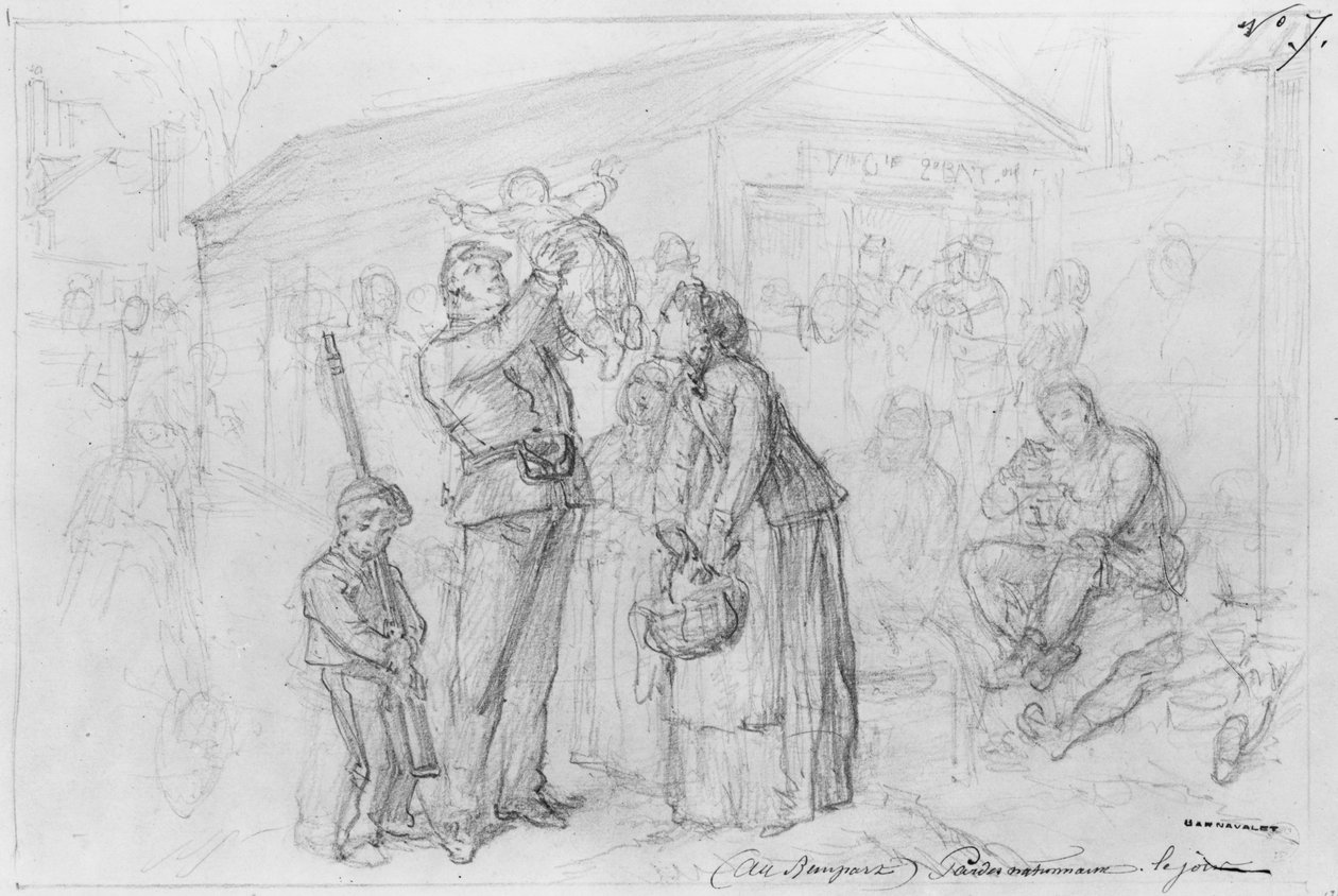 Album Oblężenia Paryża, Gwardii Narodowej na murach obronnych w ciągu dnia (pióro i brązowy tusz do prania i ołówek na papierze) autorstwa Gustave Dore