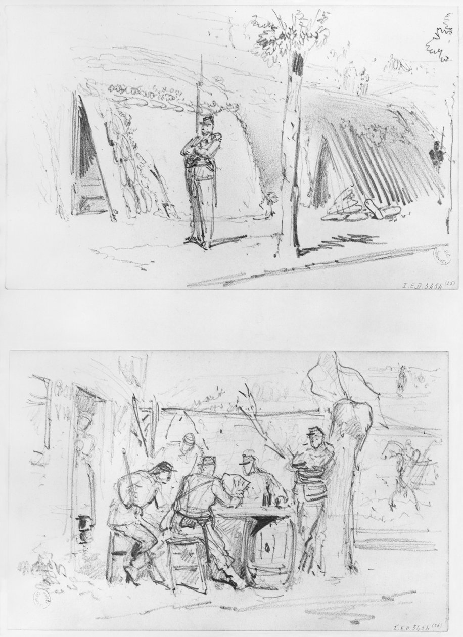 Album Oblężenia Paryża, Wartownik, Strażnicy (pióro i brązowy tusz i ołówek na papierze) autorstwa Gustave Dore