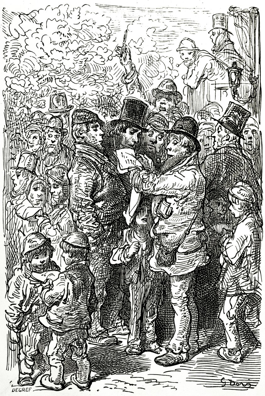 Zakłady na mecz bokserski poza ringiem w Londynie, 1872 autorstwa Gustave Dore