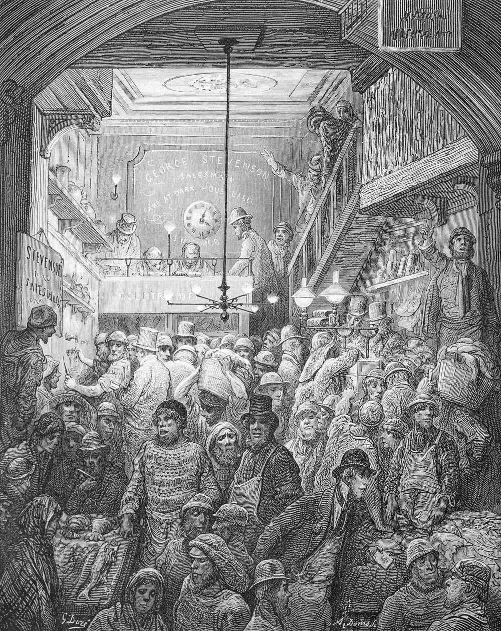 Billingsgate - Wczesny poranek, z „Londyn, pielgrzymka”, napisane przez Williama Blancharda Jerrolda (1826-94), sztychowane przez A. Doms, wyd. 1872 autorstwa Gustave Dore
