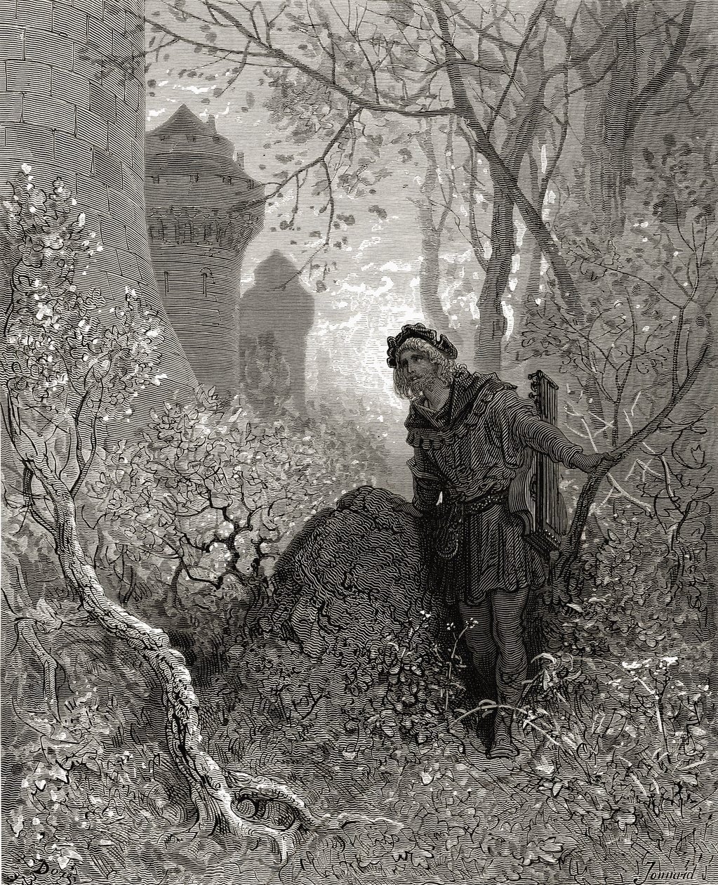 Blondel słyszy głos Ryszarda (1157-99) Lwie Serce, ilustracja z „Bibliotheque des Croisades” J-F. Michaud, 1877 r. autorstwa Gustave Dore