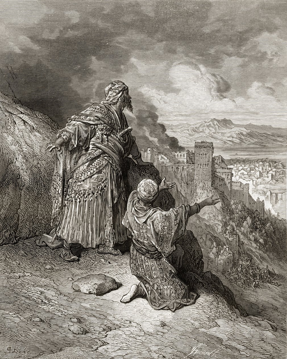 Boabdil (Muhammad XI), ostatni arabski król Granady, zostaje wygnany w 1542 r., ilustracja z „Bibliotheque des Croisades” J-F. Michaud, 1877 r. autorstwa Gustave Dore