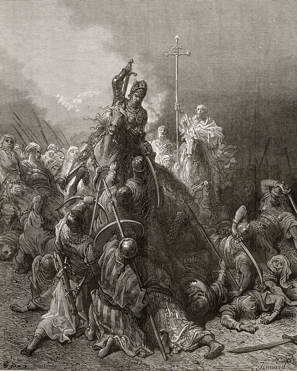 Chrześcijańscy rycerze walczą z Saracenami, ilustracja z „Bibliotheque des Croisades” J-F. Michaud, 1877 r. autorstwa Gustave Dore