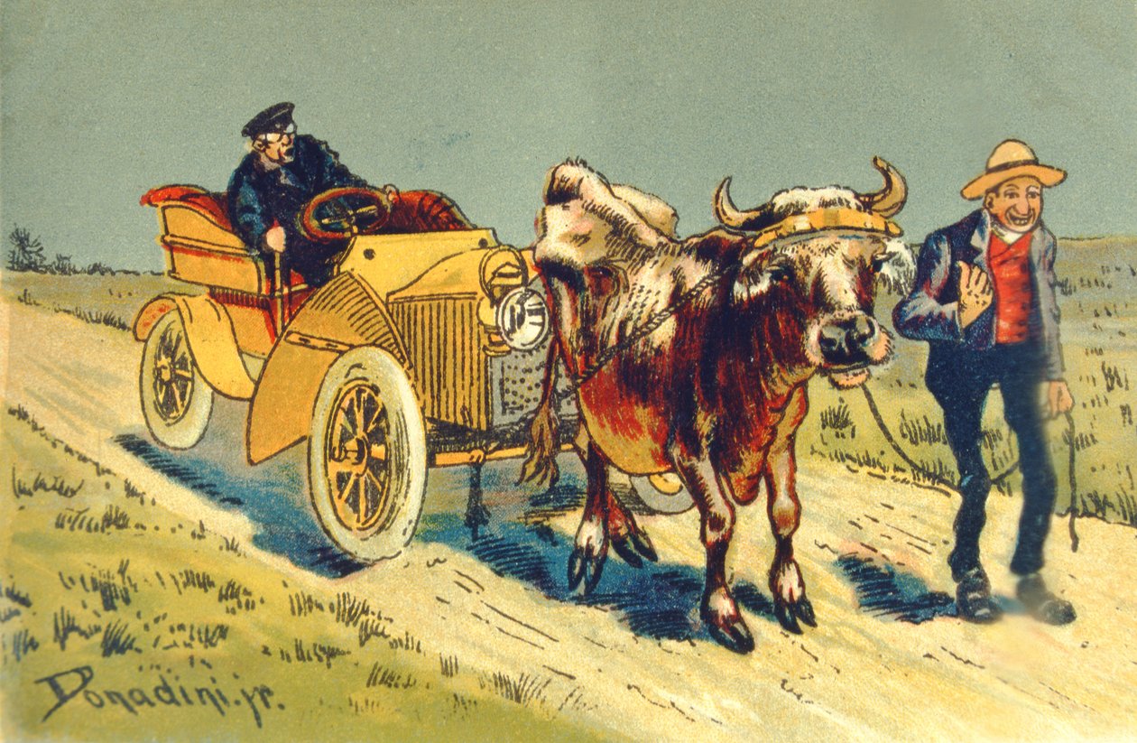 Krowa ciągnąca samochód - awaria na początku motoryzacji autorstwa Gustave Dore