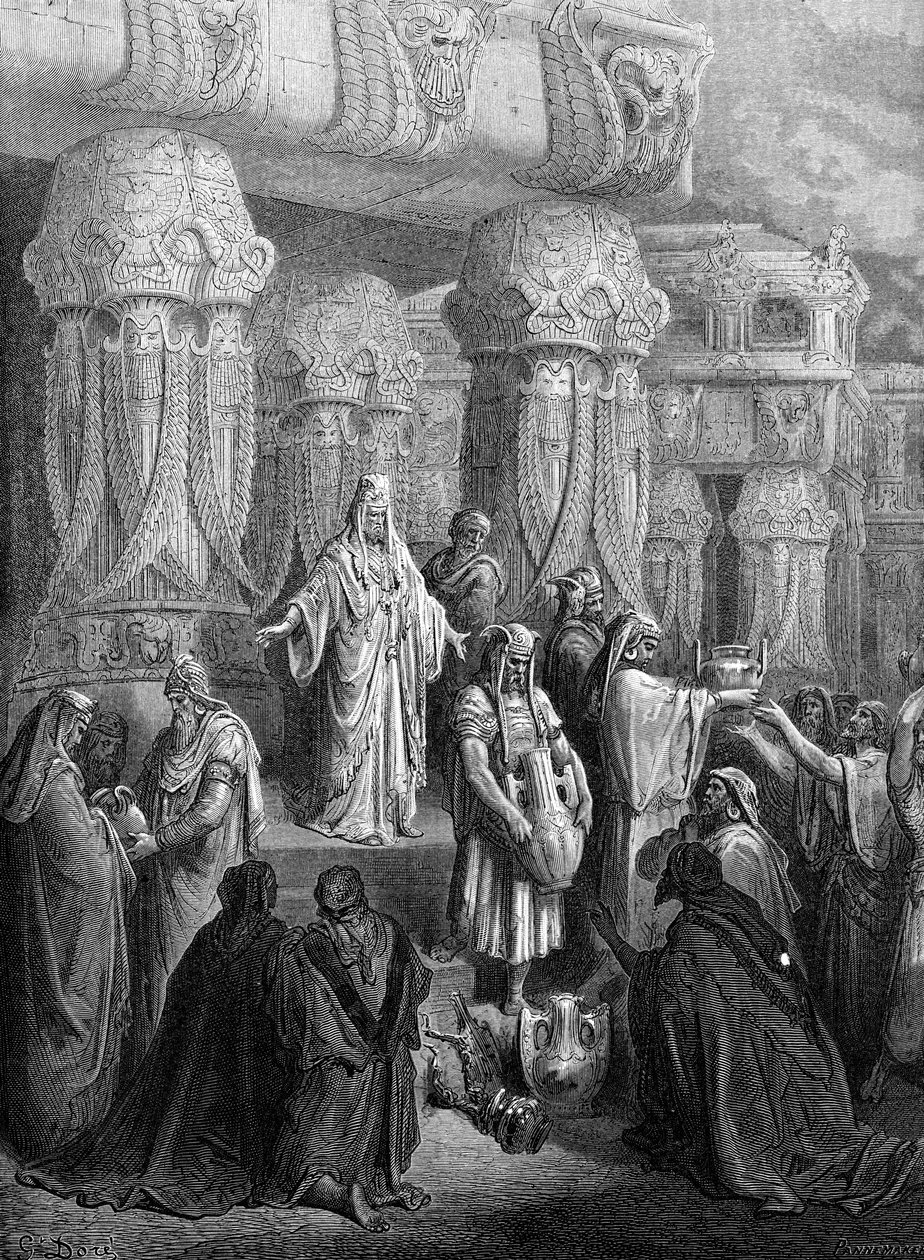 Cyrus przywraca naczynia do świątyni. - Biblia autorstwa Gustave Dore