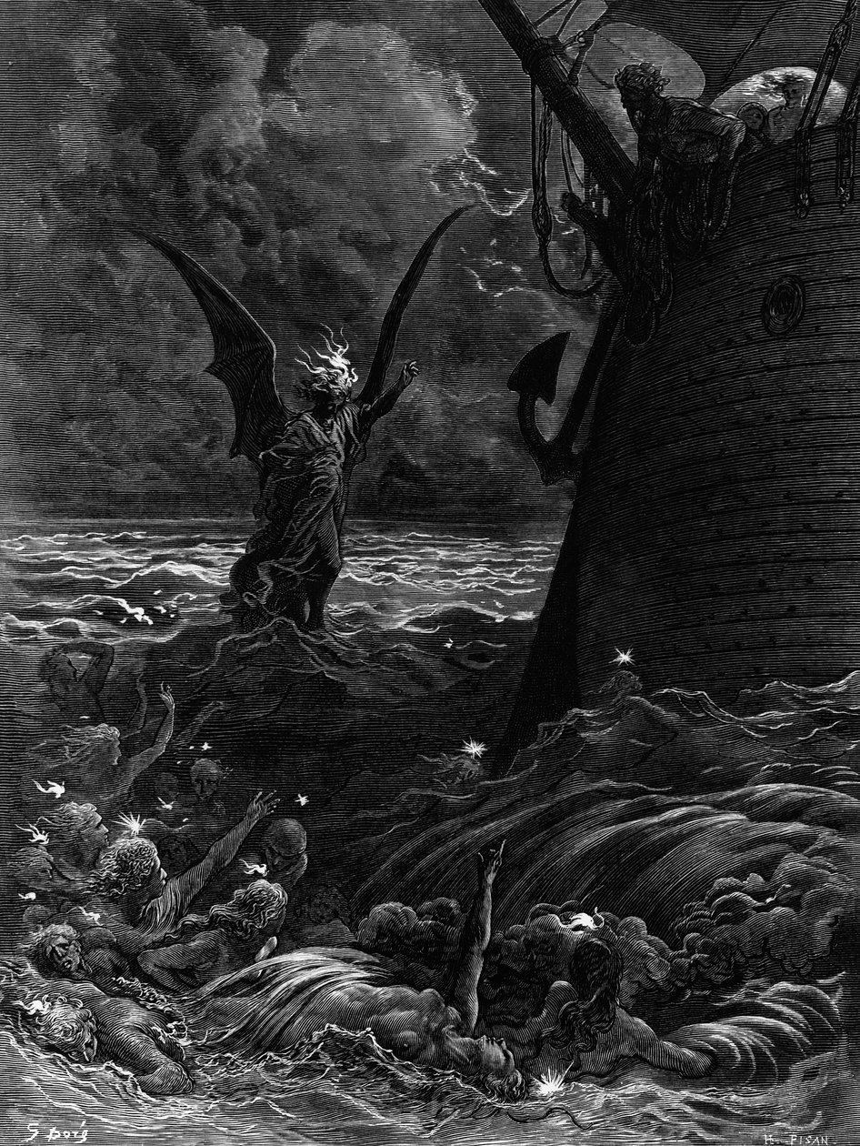 Ogień śmierci tańczący wokół uspokojonego statku, scena z „Szronu starożytnego marynarza” S.T. Coleridge, przez S.T. Coleridge, wyd. Harper und Brothers, Nowy Jork, 1876 (drewno) autorstwa Gustave Dore