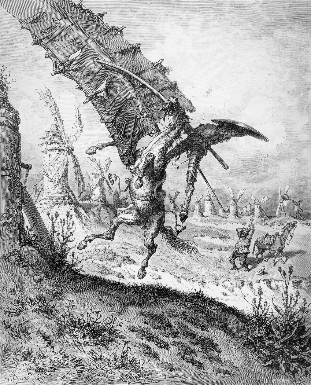 Don Kichot i wiatraki, z „Don Kichota de la Mancha” Miguela Cervantesa (1547-1616) grawerowanego przez Heliodore Josepha Pisana (1822-90) (rycina) (fot. bw) (patrz także 141799) autorstwa Gustave Dore