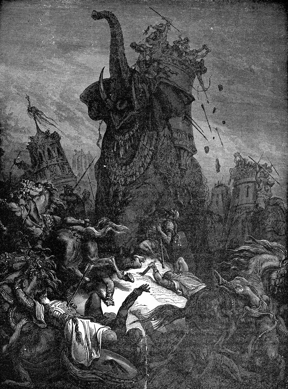 Eleazar zabity przez słonia, 1888 autorstwa Gustave Dore
