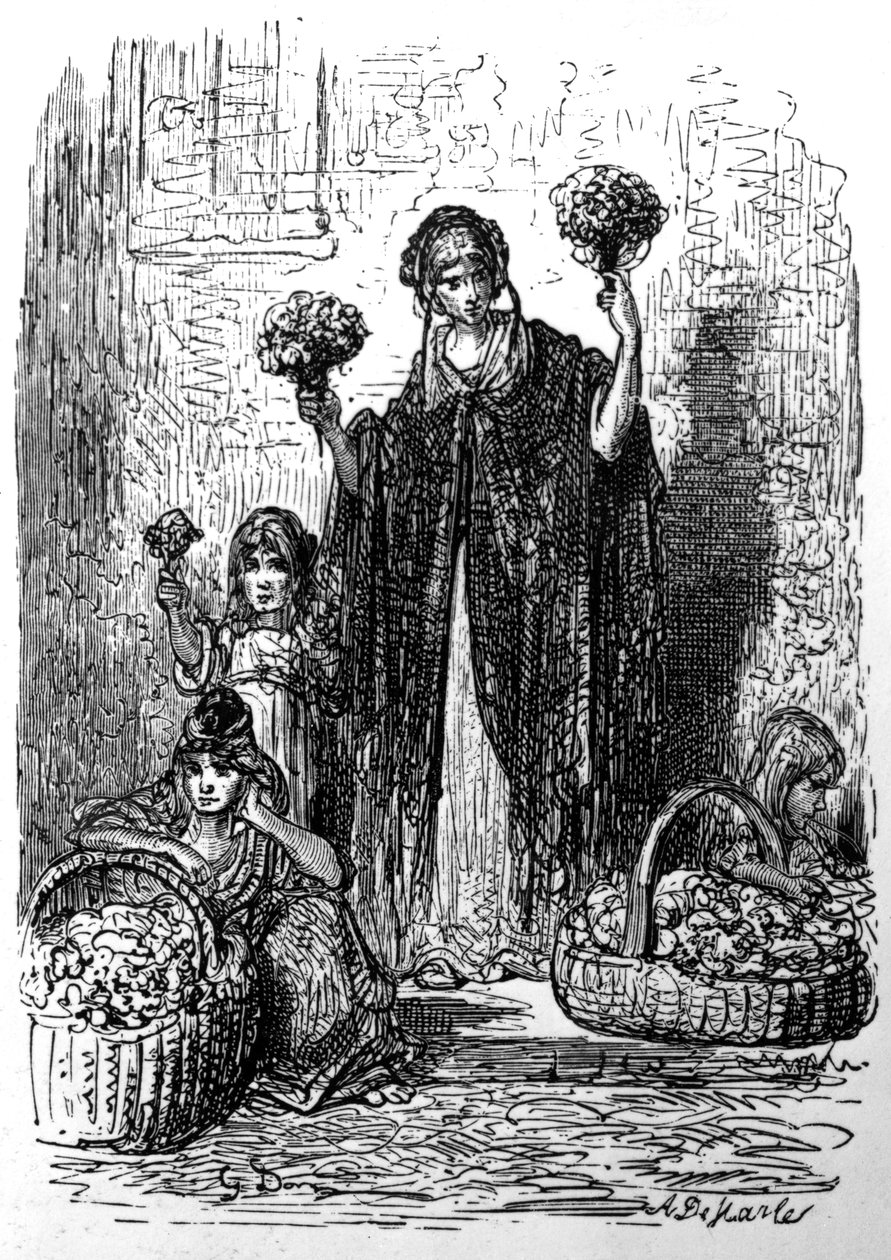 Flower Girls, z „Londyn, pielgrzymka” Williama Blancharda Jerrolda, wydanie opublikowane w 1890 r. autorstwa Gustave Dore