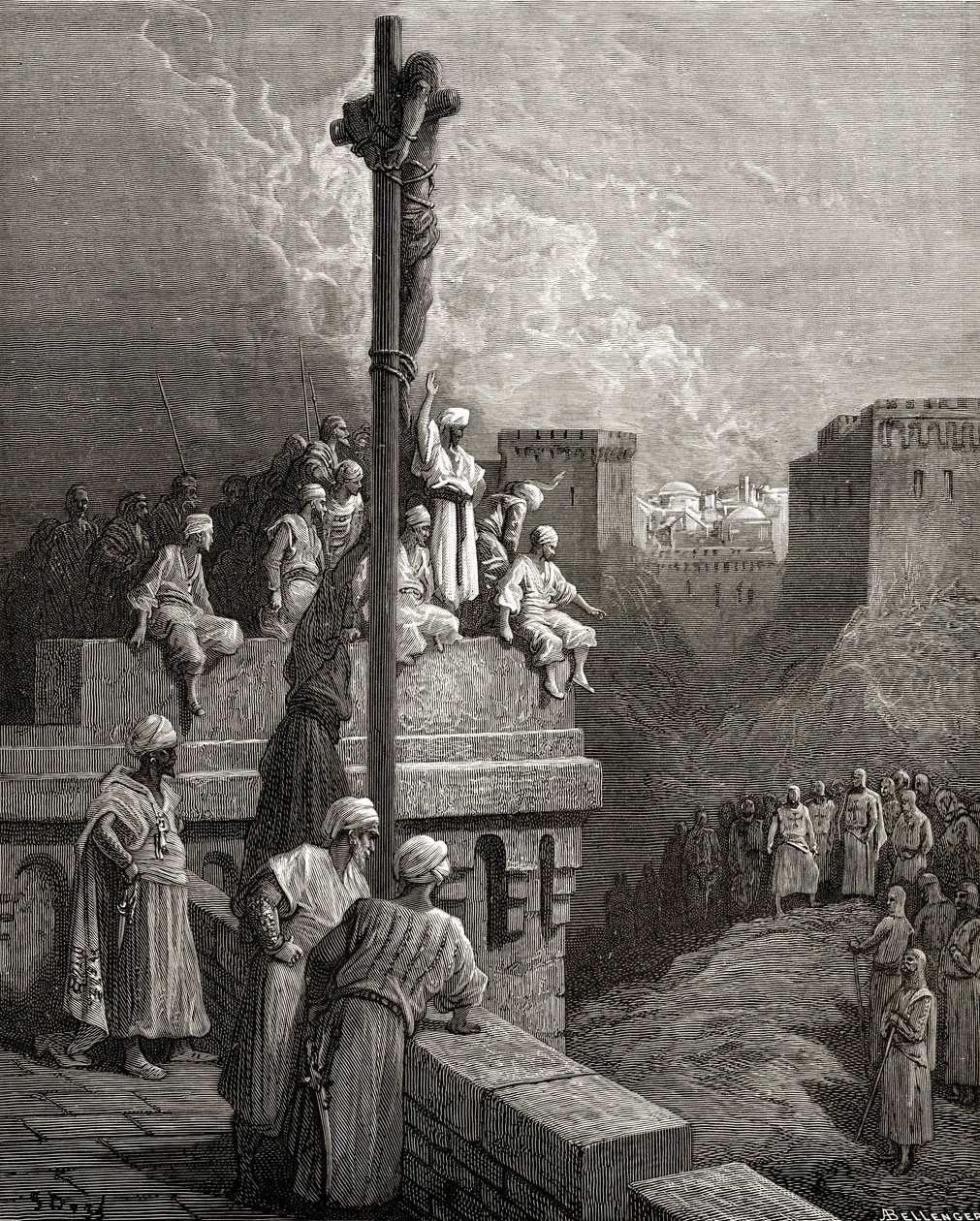 Gerard z Avesnes wyeksponowany na ścianach Arsuf, ilustracja z „Bibliotheque des Croisades” J-F. Michaud, 1877 r. autorstwa Gustave Dore