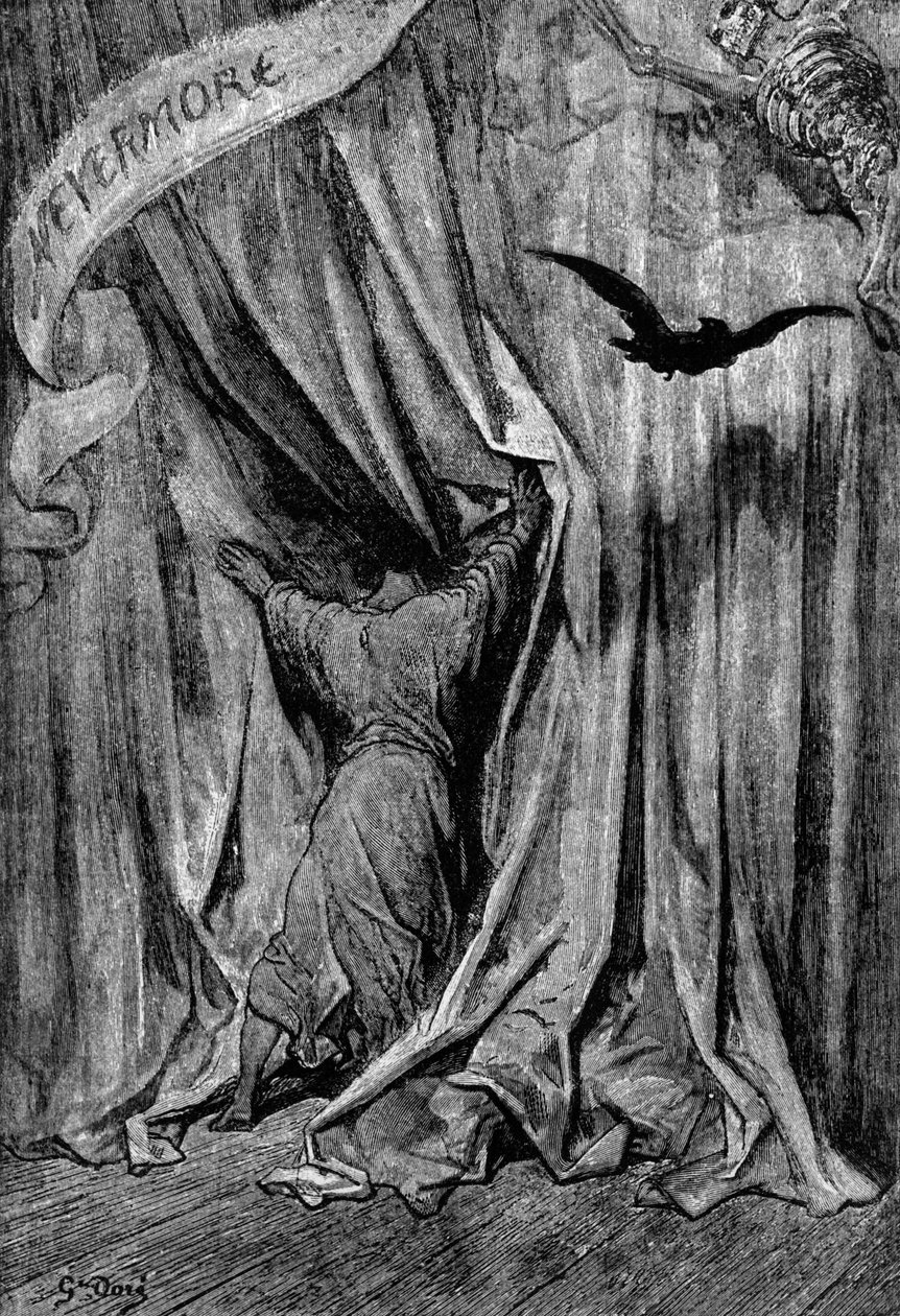 Ilustracja do wiersza Wrona Edgara Allana Poe, 1845 autorstwa Gustave Dore