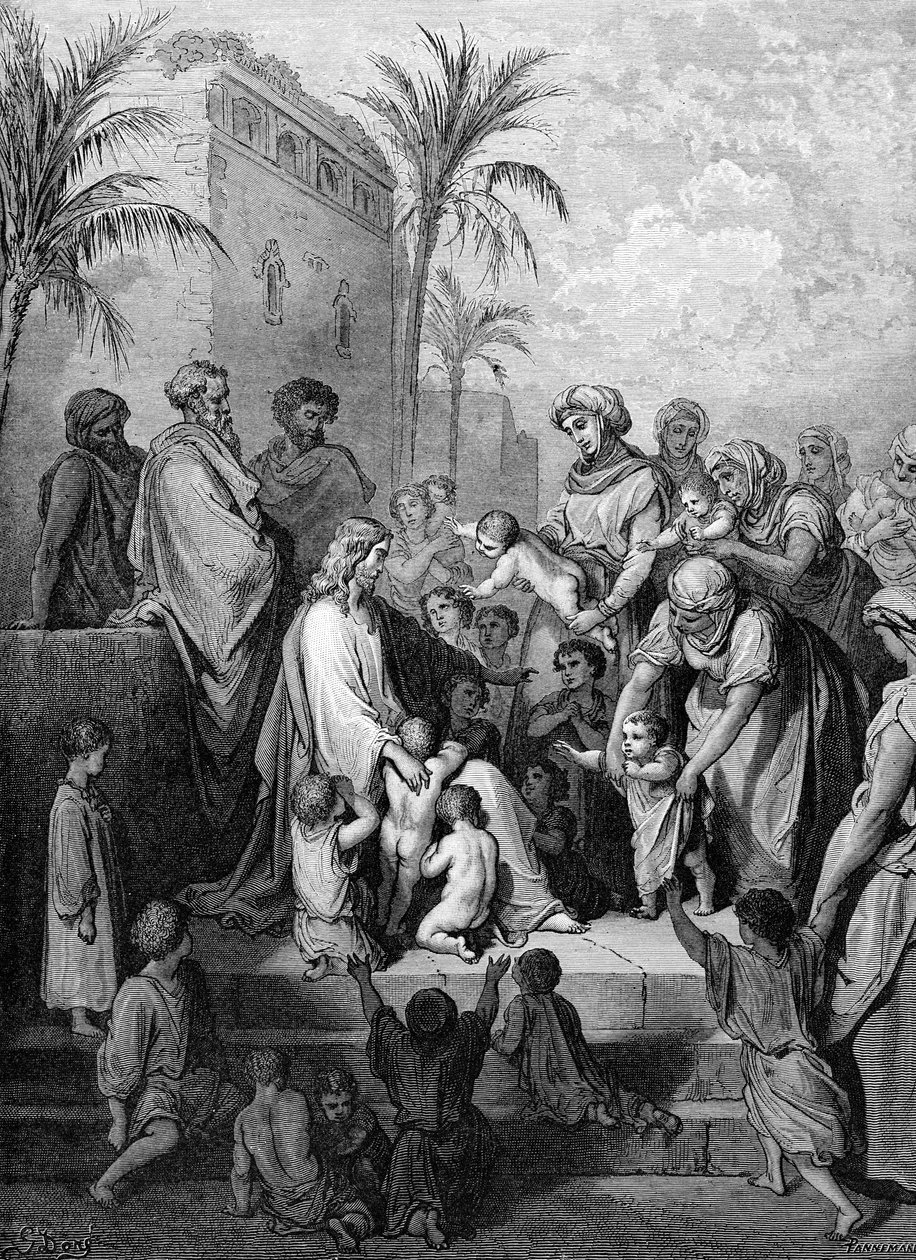 Jezus błogosławi dzieci, rycina Doré. - Biblia autorstwa Gustave Dore