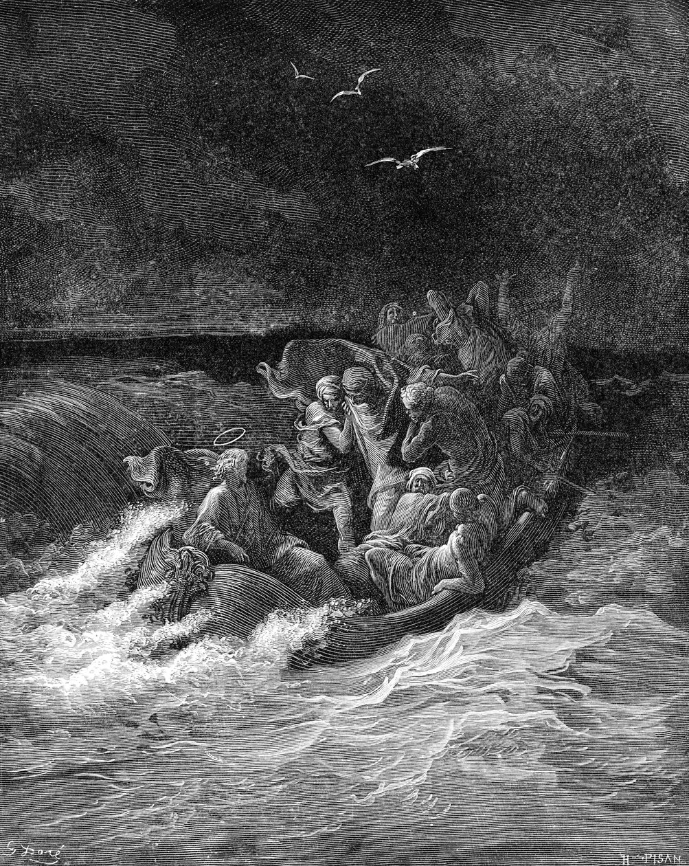Jezus ucisza burzę - Biblia autorstwa Gustave Dore