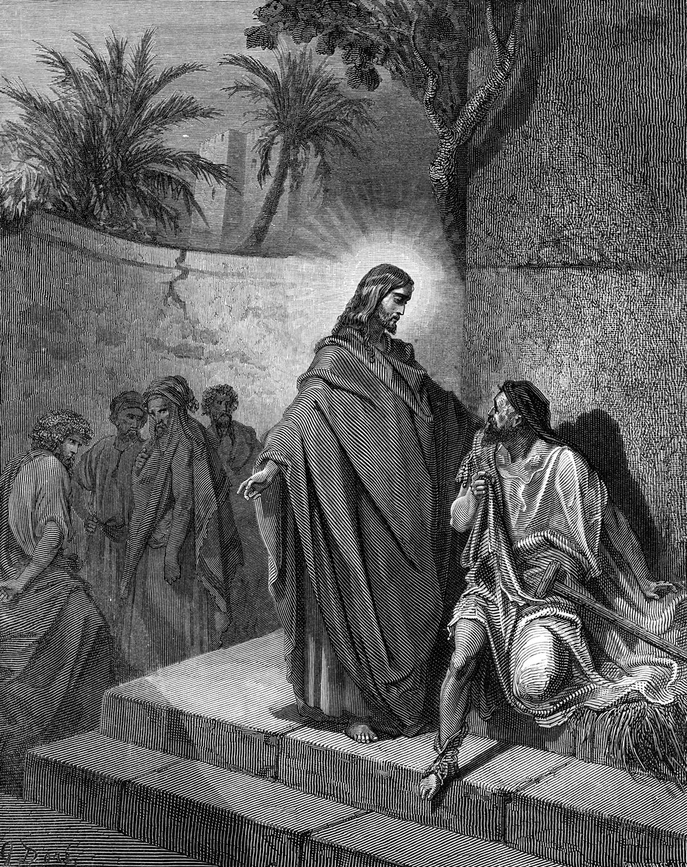 Jezus uzdrawia człowieka chorego na porażenie - Biblia autorstwa Gustave Dore