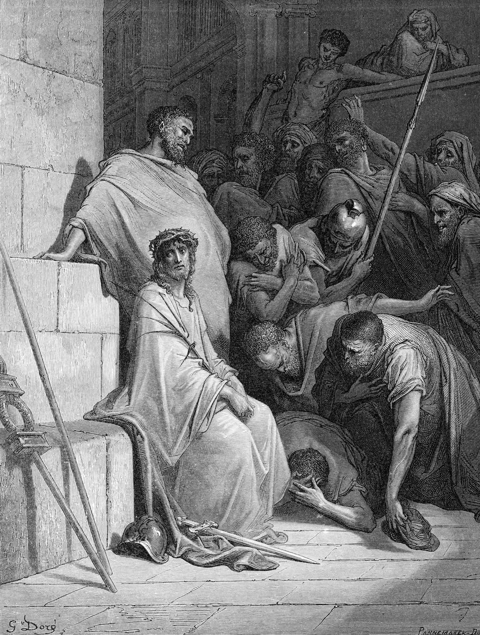 Jezus jest wyszydzany przez rzymskich żołnierzy - Biblia autorstwa Gustave Dore