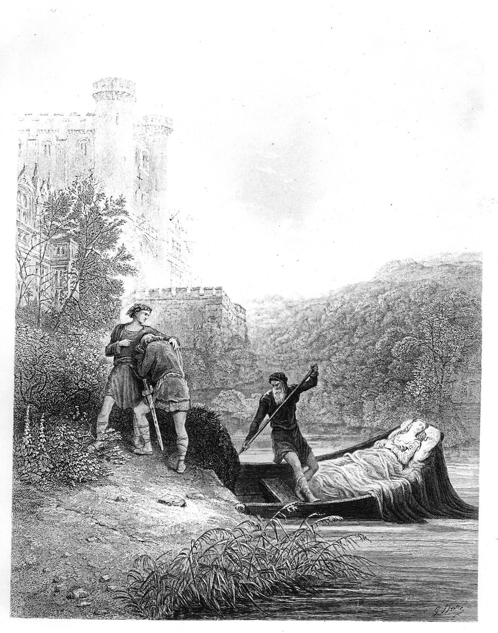 Lancelot patrzy na ciało Lady Elaine autorstwa Gustave Dore