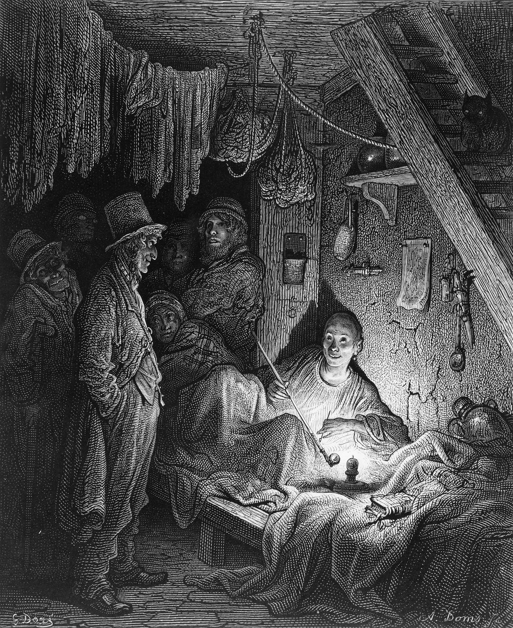 Palenie opium - pokój Lascara, scena z „Tajemnicy Edwina Drooda” Charlesa Dickensa, ilustrowana w „Londyn, pielgrzymka”, autorstwa Williama Blancharda Jerrolda (1826-94), sztychowana przez A. Dom autorstwa Gustave Dore