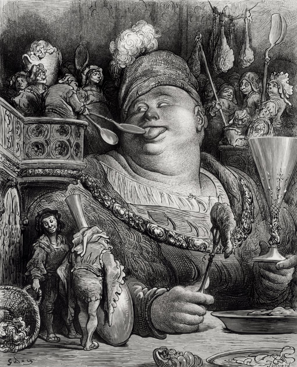Posiłek Pantagruela, z „Pantagruel” Francois Rabelais (1494-1553) rytowany przez Paula Jonnarda-Pacela (zm. 1902) autorstwa Gustave Dore