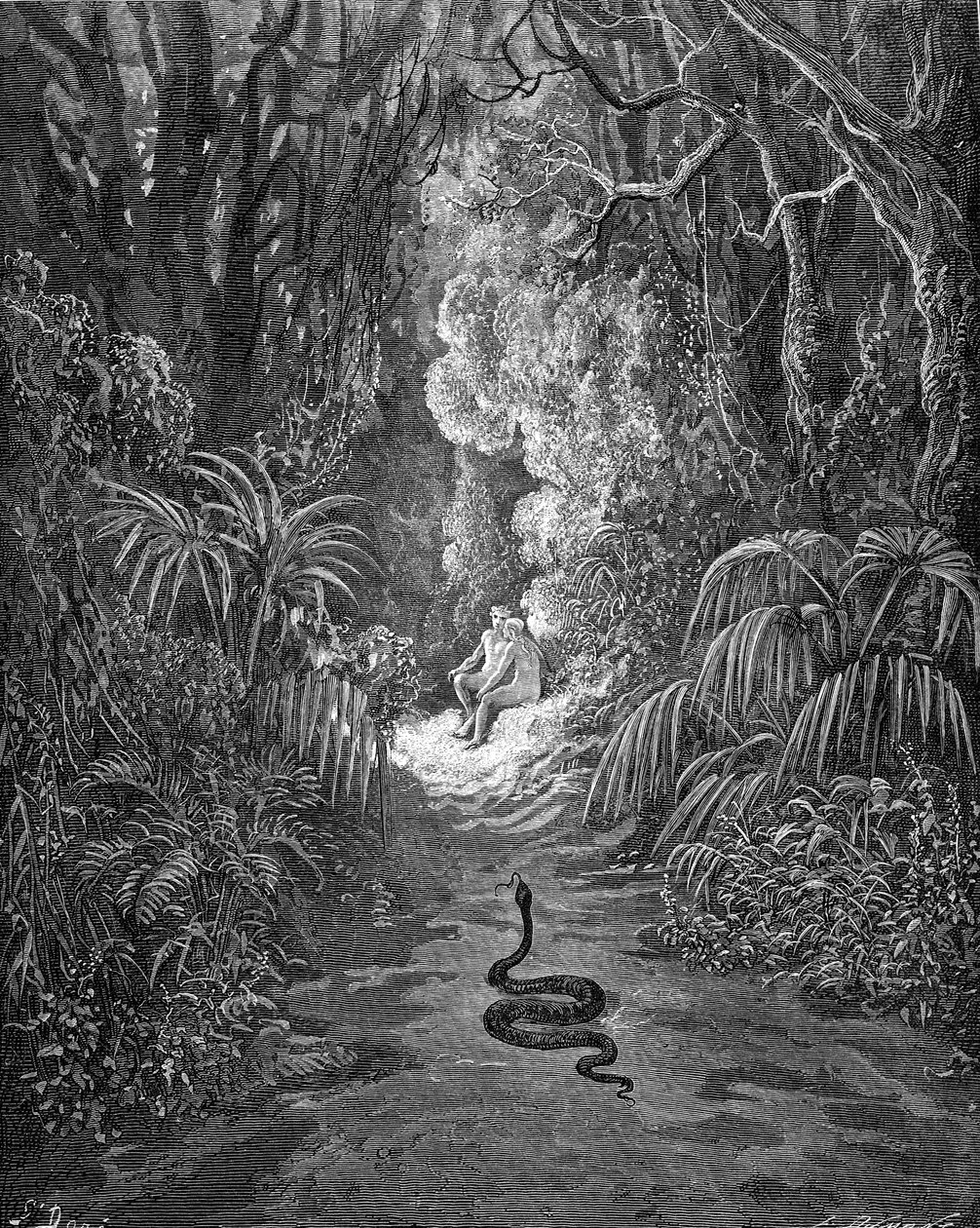 Raj utracony — Milton: Wąż się zbliża. autorstwa Gustave Dore