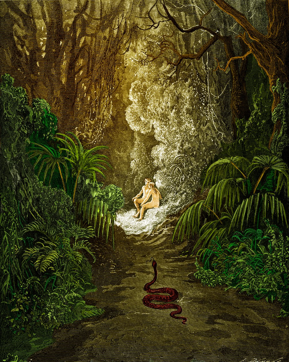 Raj utracony — Milton: Wąż się zbliża. autorstwa Gustave Dore