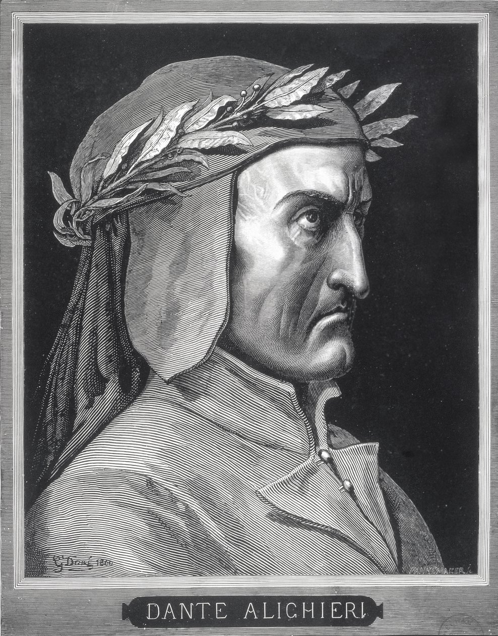 Portret Dante Alighieri (1265-1321), 1860, sztychowany przez Stephane Pannemakera (1847-1930), frontyspis z „Wizji piekła”, wydanej przez Cassella, 1903 autorstwa Gustave Dore
