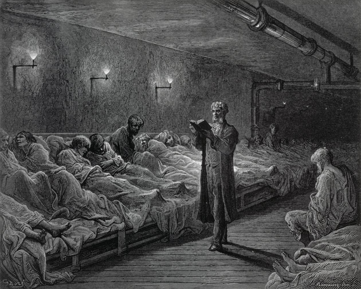 Czytelnik Pisma Świętego w nocnym schronieniu, z „Londyn, pielgrzymka”, napisany przez Williama Blancharda Jerrolda (1826-84), ryty przez Stephane Pannemakera (1847-1930) i A. Doms, wyd. 1872 autorstwa Gustave Dore