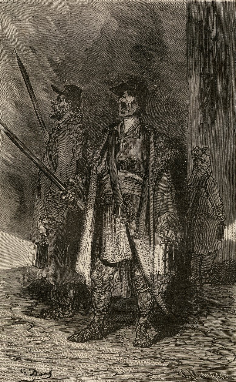 Serenos, Strażnicy nocni, ilustracja z "Obrazków hiszpańskich" autorstwa ks. autorstwa Gustave Dore