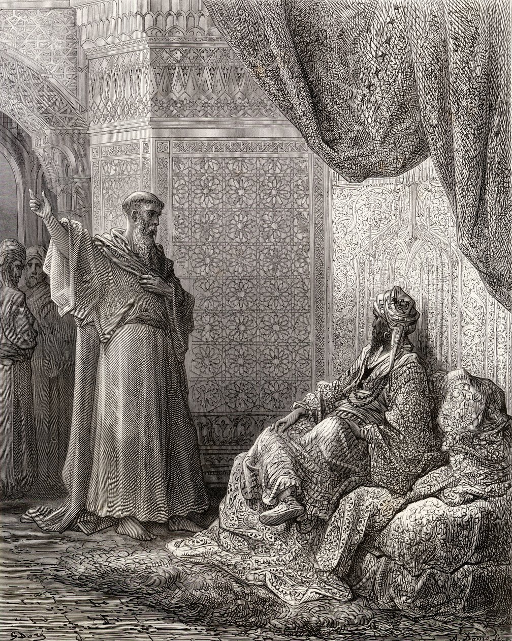 Św. Franciszek z Asyżu (1181-1226) usiłuje nawrócić sułtana Maleka Kamela, ilustracja z „Bibliotheque des Croisades” J-F. Michaud, 1877 r. autorstwa Gustave Dore
