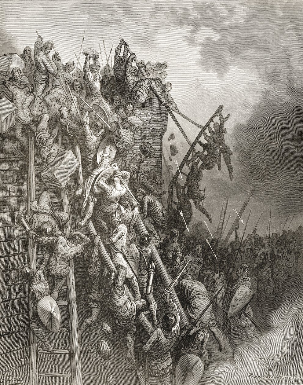 Armia księdza Volkmara i hrabiego Emocio atakuje Merseburg, ilustracja z „Bibliotheque des Croisades” J-F. Michaud, 1877 r. autorstwa Gustave Dore