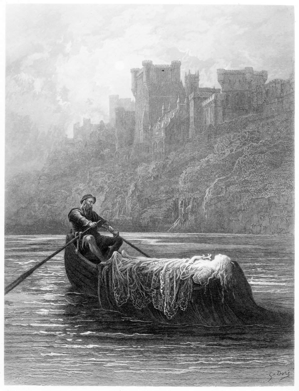 Ciało Elaine w drodze do Pałacu Króla Artura, ilustracja z "Idylls of the King" Alfreda Tennysona autorstwa Gustave Dore