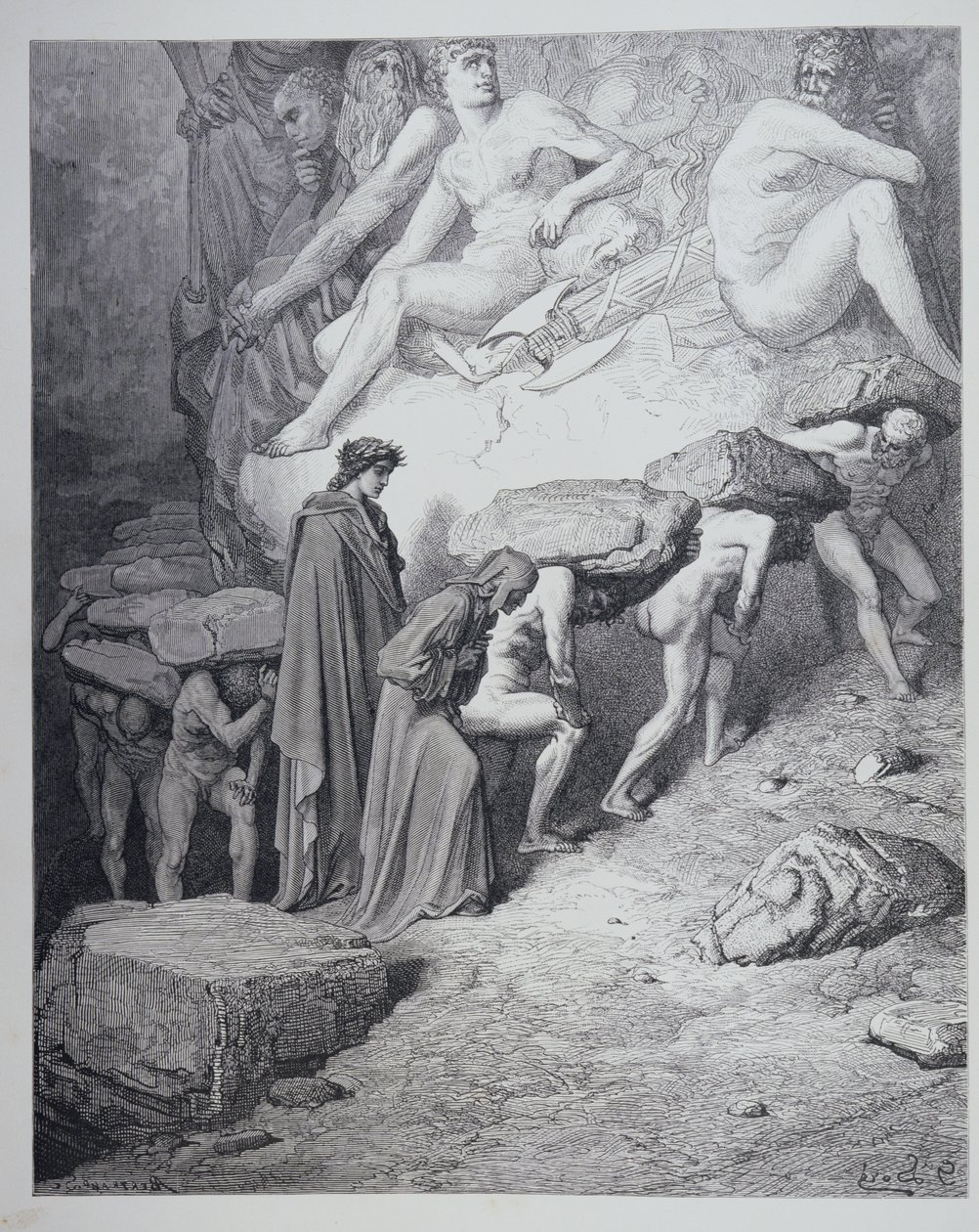 Ciężar pychy, z "Boskiej komedii" (Purgatorio) Dantego Alighieri (1265-1321), rycina Antoine Valerie Bertrand (ur. 1823), ok. 1868 r. autorstwa Gustave Dore