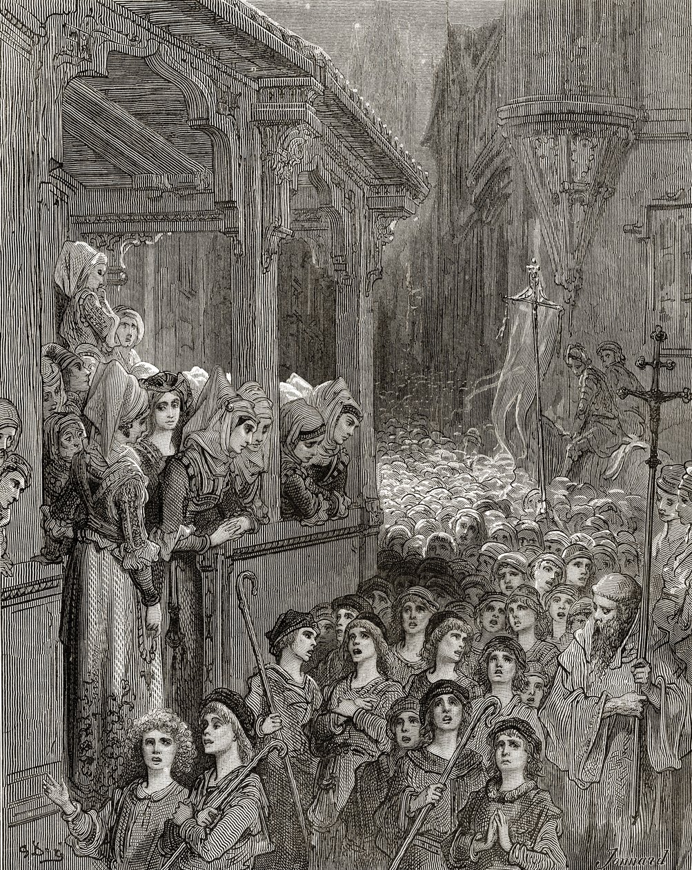 Krucjata dziecięca w 1212 r., ilustracja z „Bibliotheque des Croisades” J-F. Michaud, 1877 r. autorstwa Gustave Dore