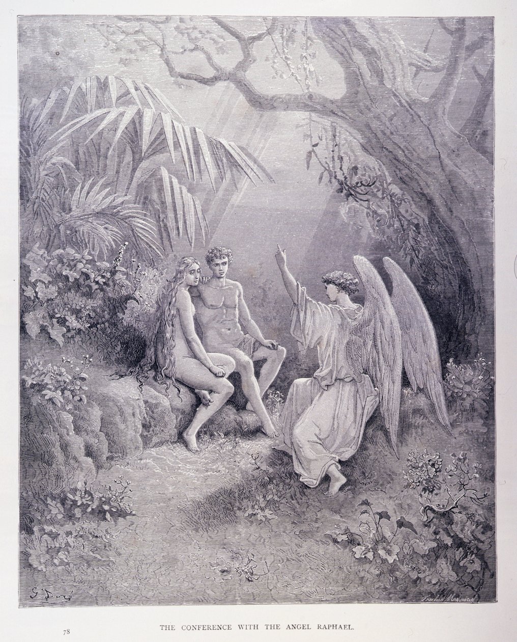 Konferencja z aniołem Rafaelem, z księgi V „Raju utraconego” Johna Miltona (1608-1674) rytego przez Montvalsona, ok. 1868 autorstwa Gustave Dore
