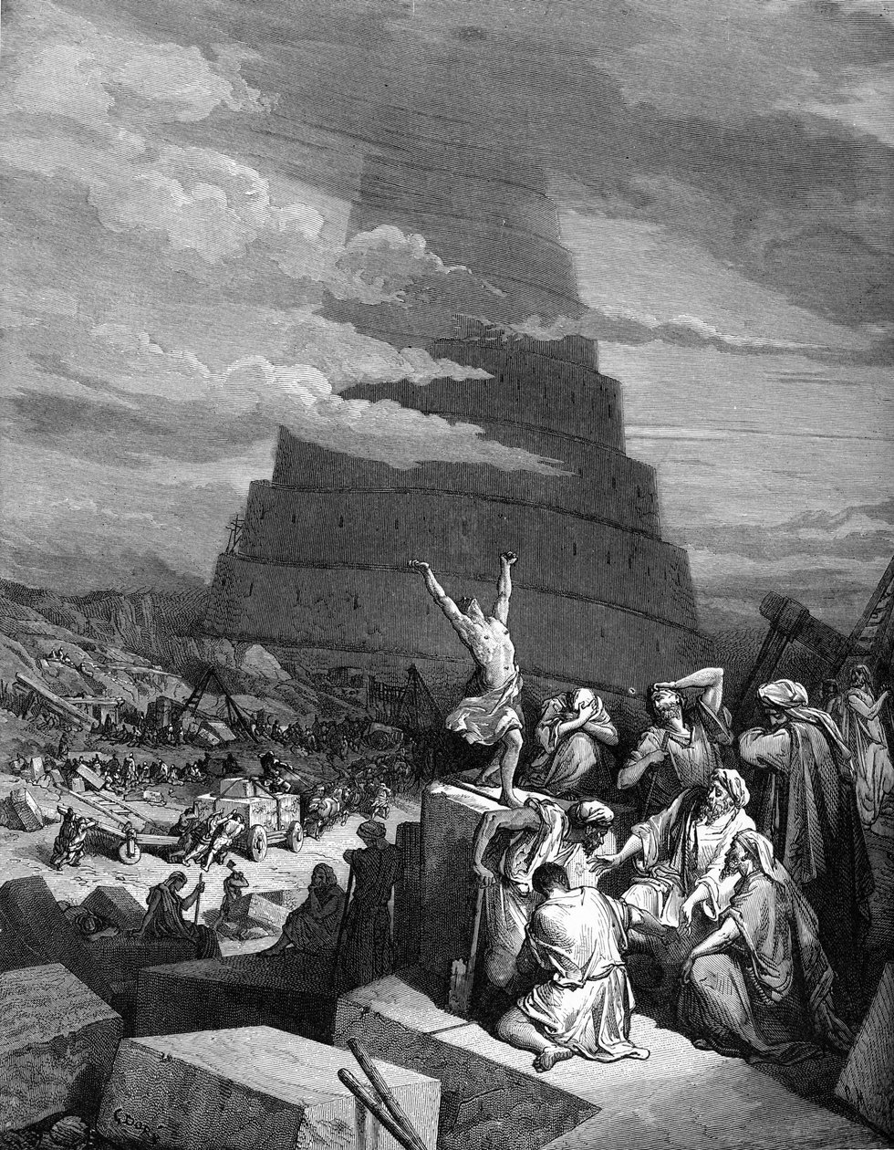 Pomieszanie języków (Wieża Babel). - Biblia autorstwa Gustave Dore