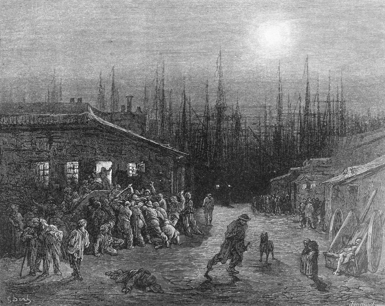 Scena nocna w dokach, z „Londyn, pielgrzymka”, napisana przez Williama Blancharda Jerrolda (1826-84), sztychowana przez Paula Jonnarda-Pacela (zm. 1902), wyd. 1872 autorstwa Gustave Dore