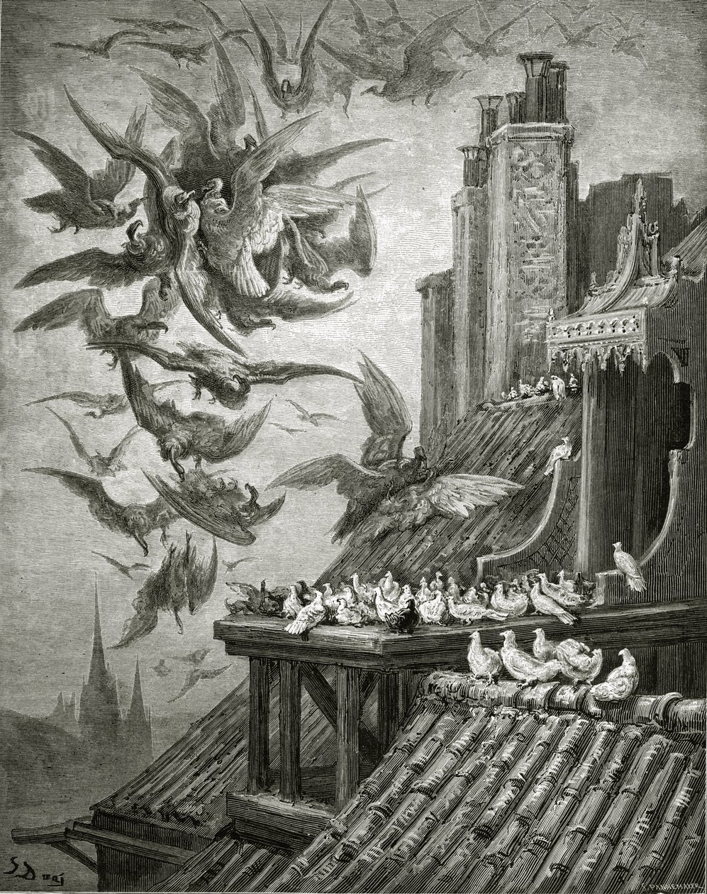 Orły i gołębie, ilustracja z „Bajek” La Fontaine