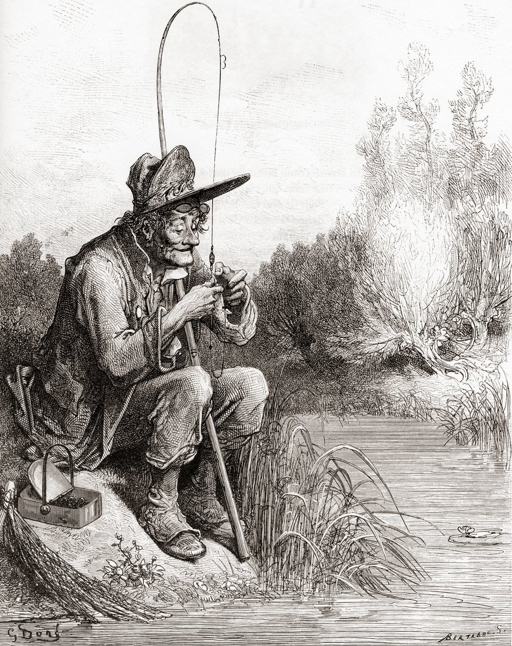 Rybak i mała rybka z XIX-wiecznego wydania Fables de La Fontaine (drewno) autorstwa Gustave Dore