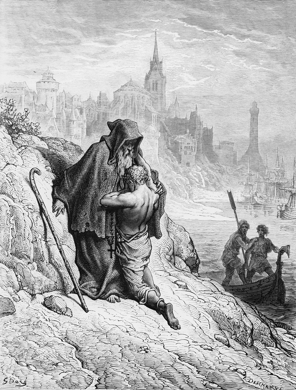 Marynarz błaga pustelnika, aby udzielił mu rozgrzeszenia z grzechów, scena z „Szronu starożytnego marynarza” S.T. Coleridge, wyd. Harper und Brothers, Nowy Jork, 1876 (drewno) autorstwa Gustave Dore