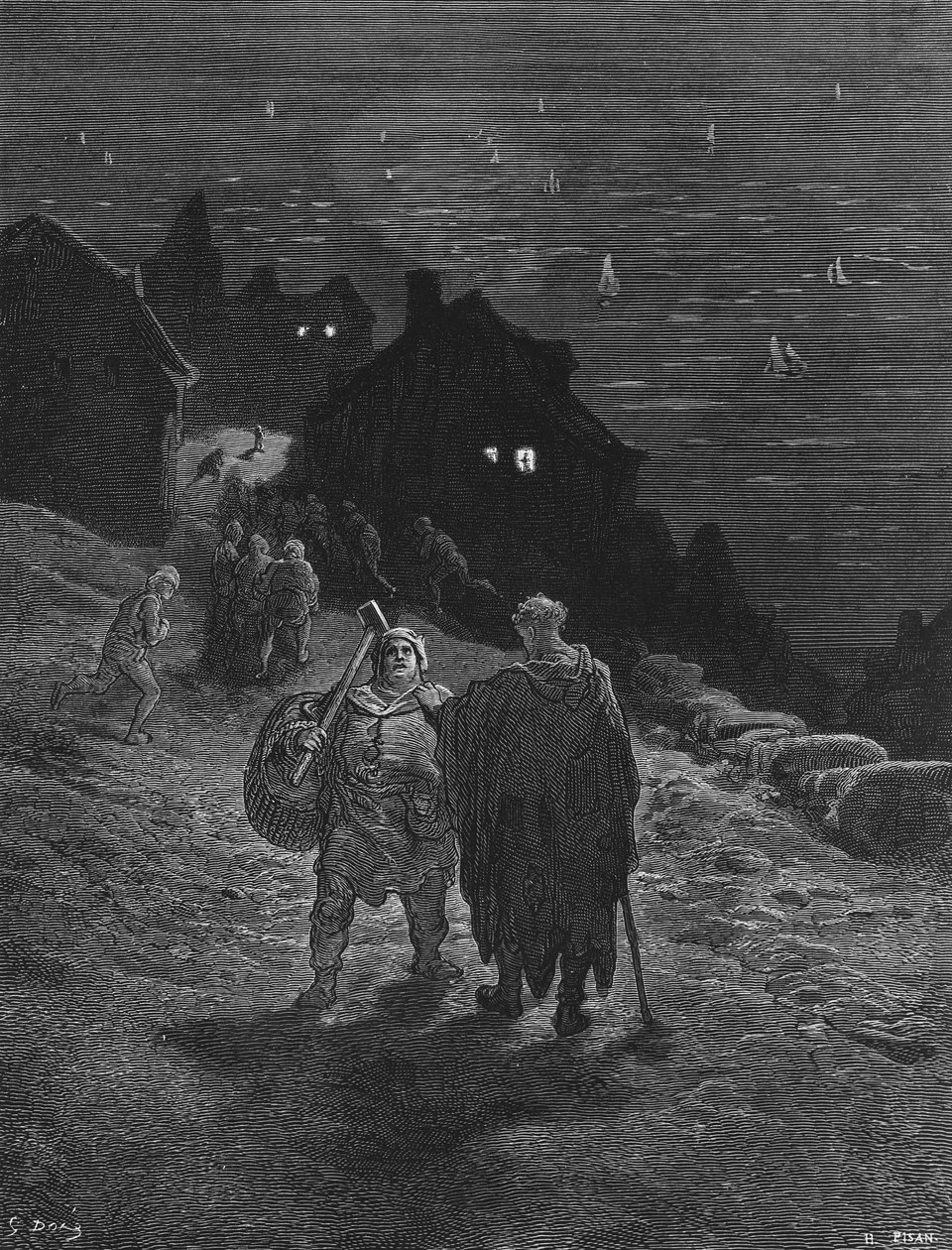 Marynarz, skazany na nieustanne podróżowanie z kraju do kraju, jest również skazany na opowiadanie swojej historii spotkanym ludziom, scena z „Szronu starożytnego marynarza” S.T. Coleridge, publikuj autorstwa Gustave Dore