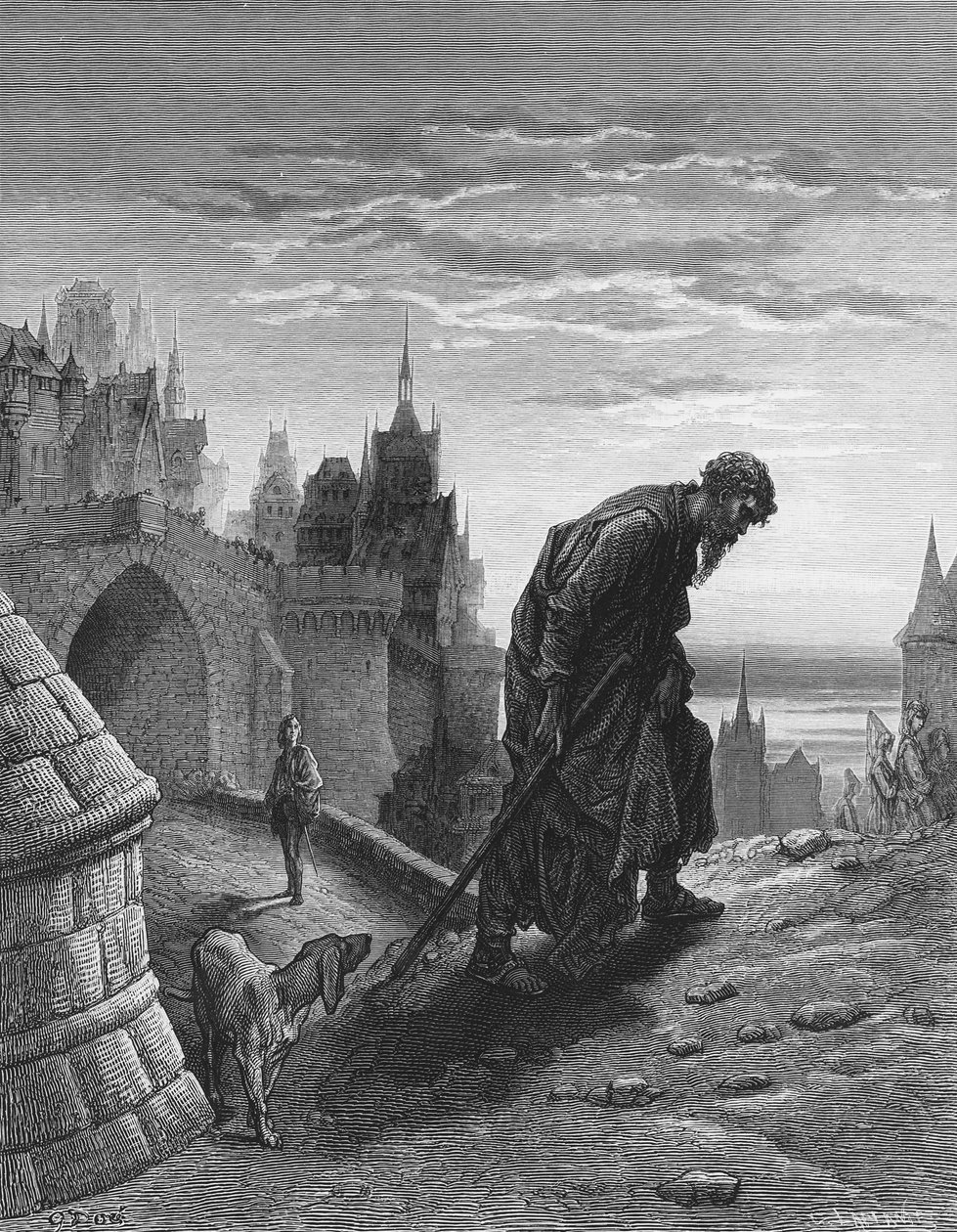 Marynarz po zakończeniu opowiadania odwraca się do wyjścia, podczas gdy jego słuchacz, gość weselny, spogląda na niego ze zdumieniem i smutkiem, scena z „Szronu starożytnego marynarza” S.T. Coleridge, pu autorstwa Gustave Dore