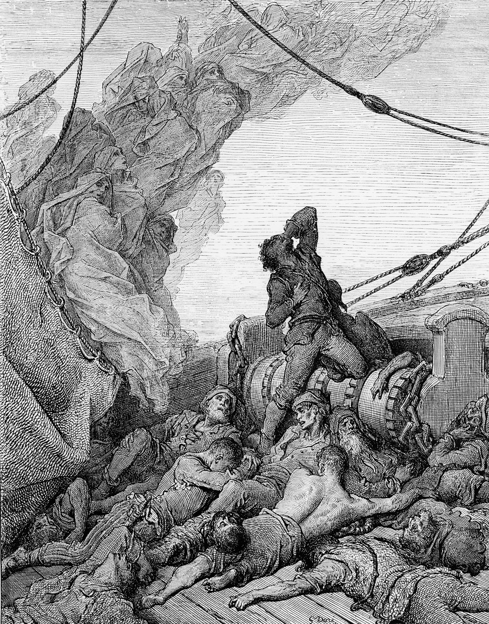 Marynarz otoczony martwymi żeglarzami cierpi udrękę ducha, scena z „Szronu starożytnego marynarza” S.T. Coleridge, wyd. Harper und Brothers, Nowy Jork, 1876 (drewno) autorstwa Gustave Dore