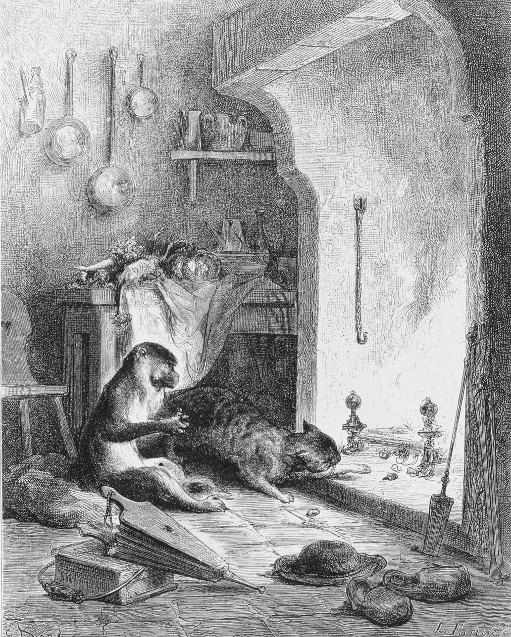 Małpa i kot, 1868 autorstwa Gustave Dore