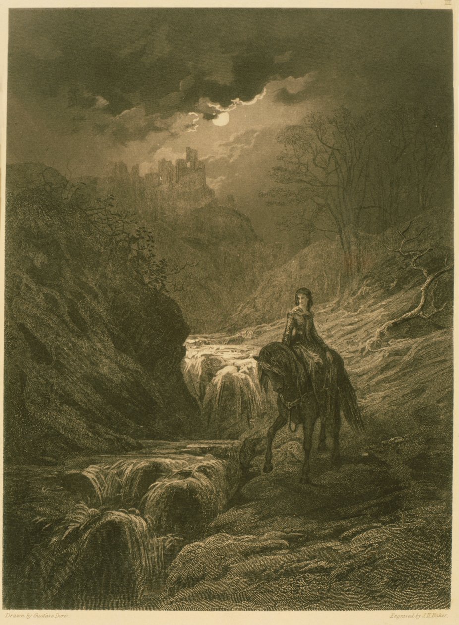 The Moonlight Ride, ilustracja z „Idylls of the King” Alfreda Tennysona, 1868 autorstwa Gustave Dore